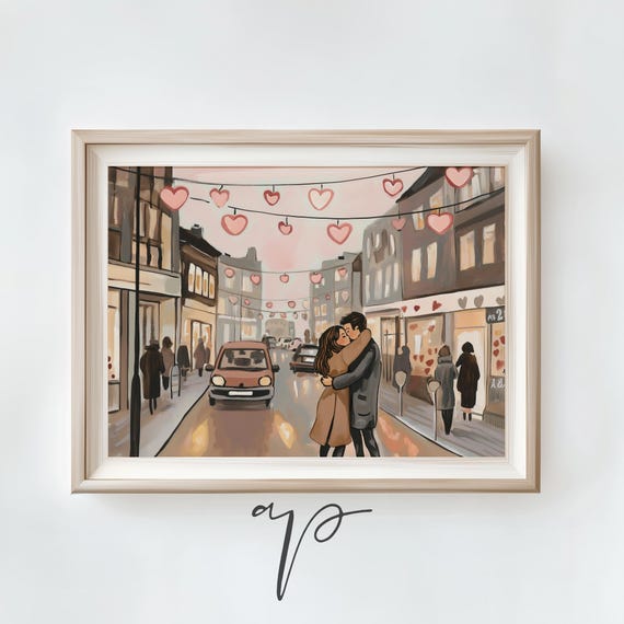 Retro Valentines Art Cute Couple Painting Romantic Cityscape Valentines Day Print Romantic Shabby Chic Ta86