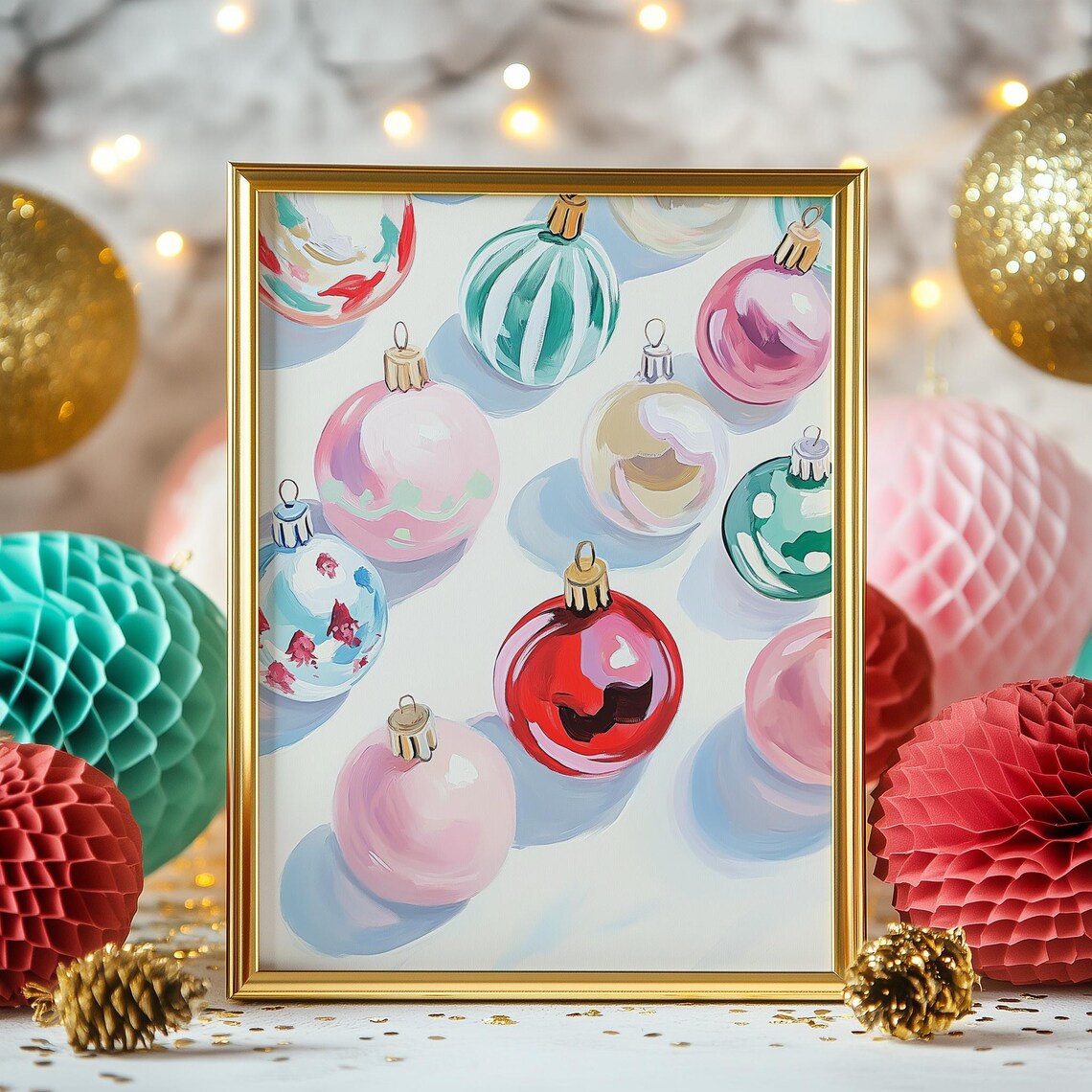 Colorful Christmas Ornaments Art Print, Preppy Winter Decor - Image 4