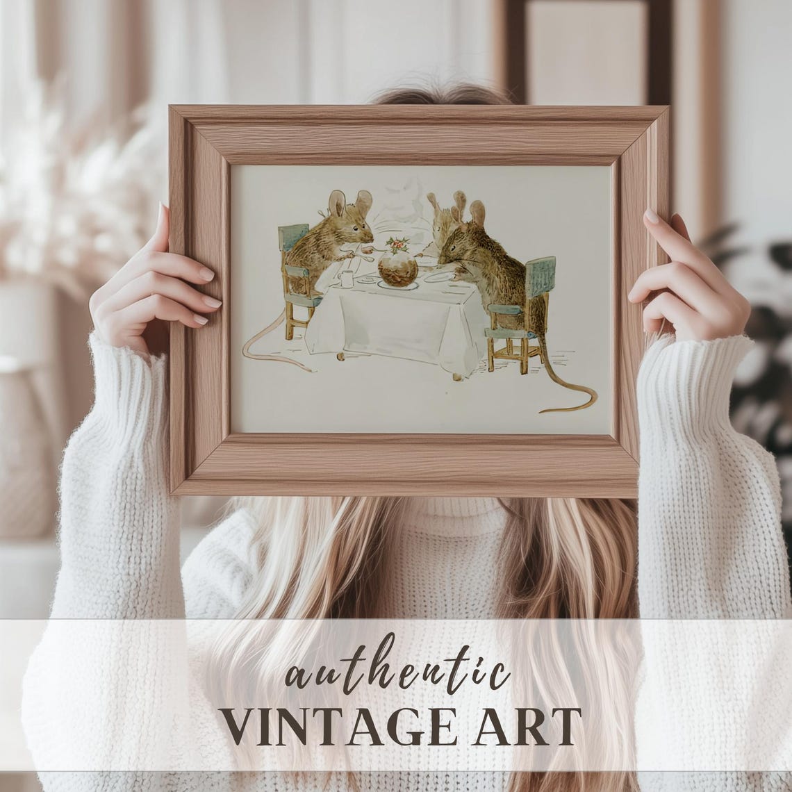Three Hungry Mice at Dinner Table Antique Animal Watercolor Poster - Image 2