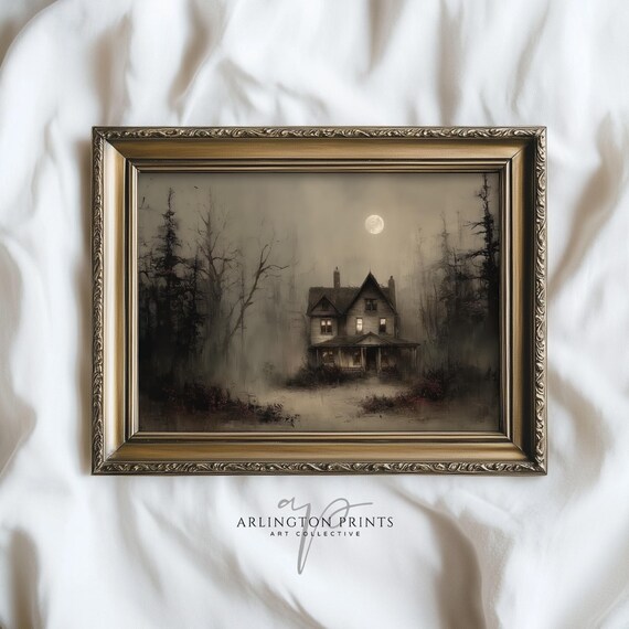 Halloween Spooky House Wall Art Haunted Gothic Home Painting Vintage Dark Horror Print Creepy Night Scene 5305
