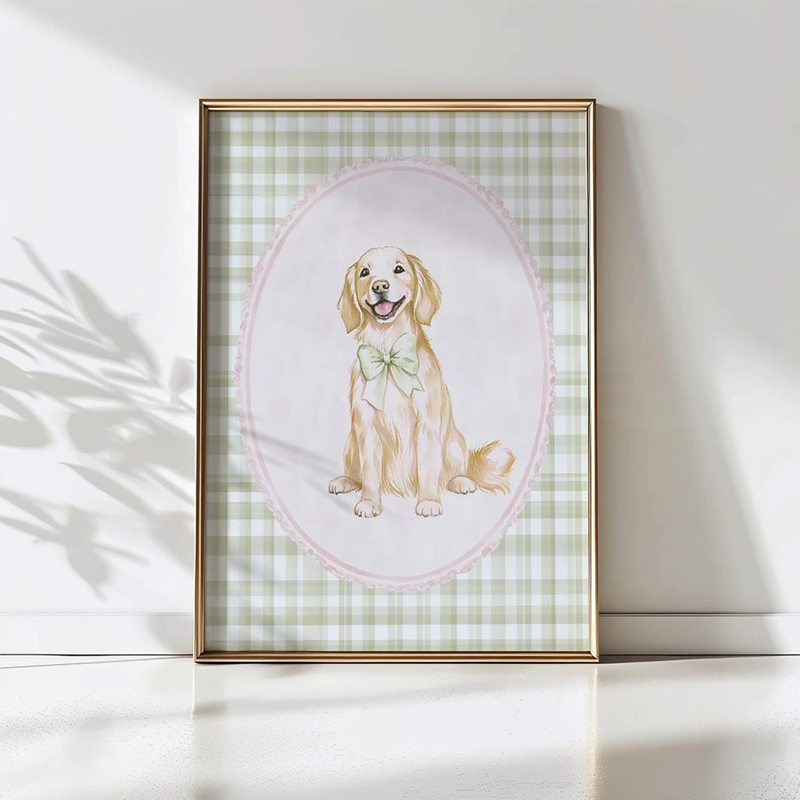 Golden Retriever With Green Bow Green Gingham Nursery Dog Poster - Image 4