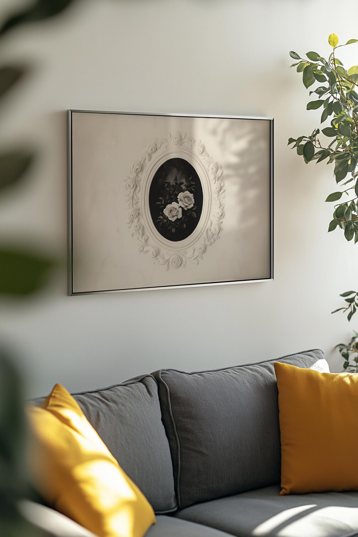 White Roses Oval Still Life on Black in Carved Floral Frame Poster - Image 3