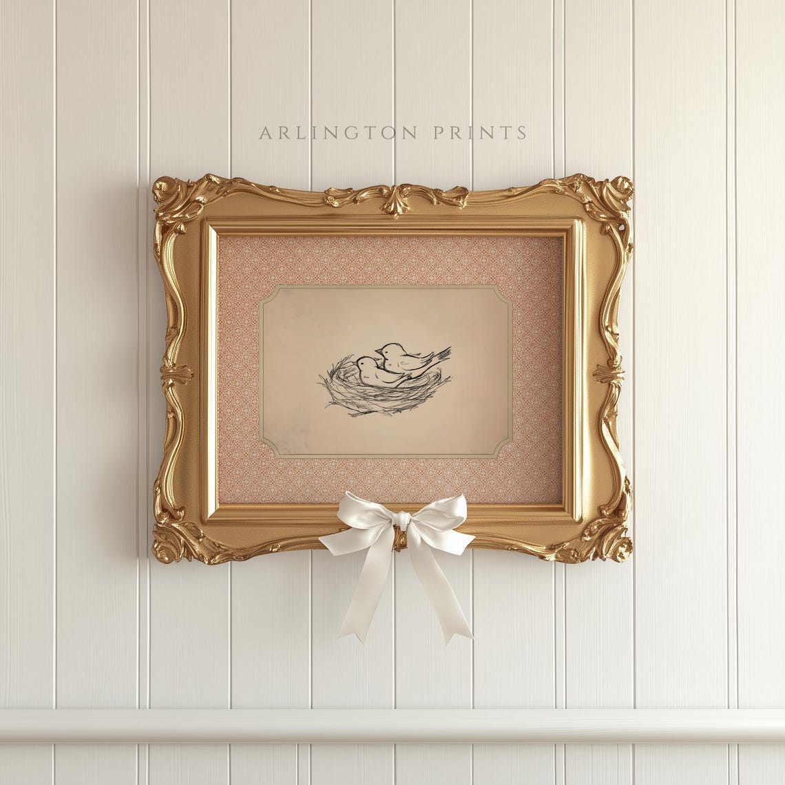 Charming Two Birds Nesting Sketch Blush Pink Nursery Decor Poster