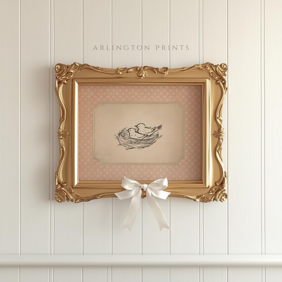 Charming Two Birds Nesting Sketch Blush Pink Nursery Decor Poster