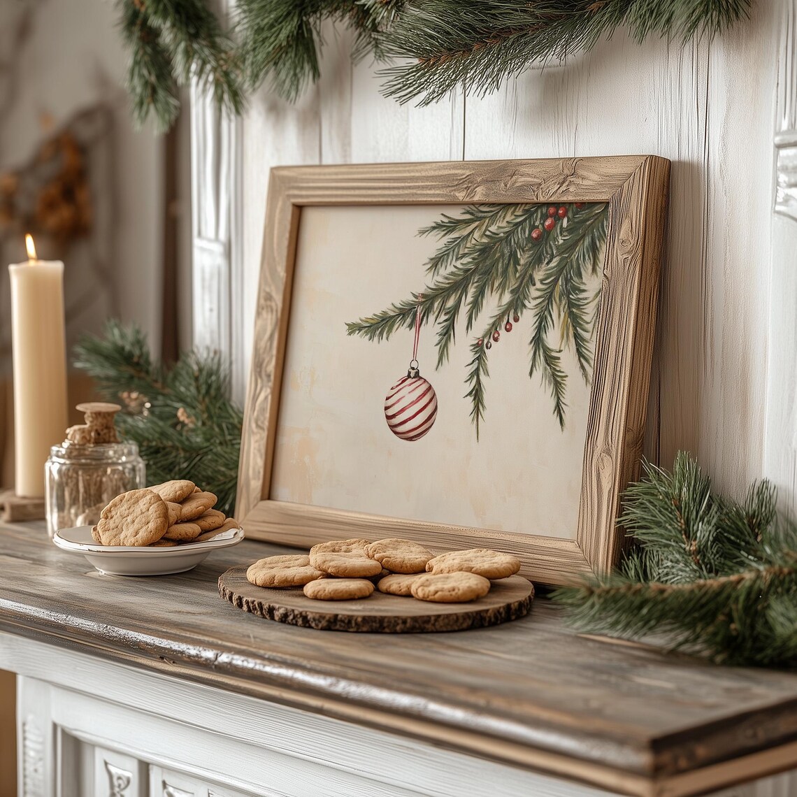 Minimalist Striped Christmas Ornament Evergreen Branch Poster - Image 4