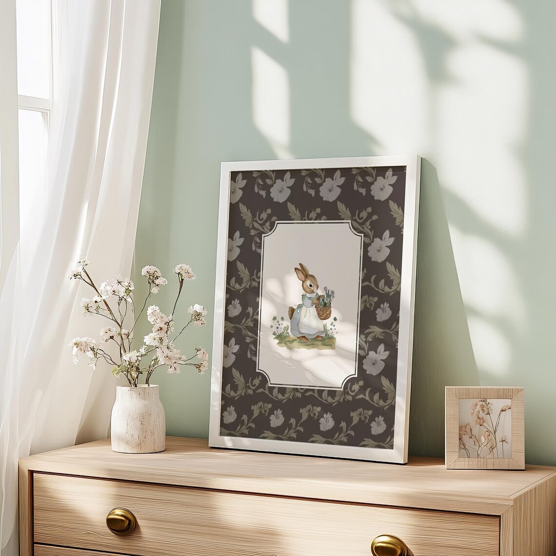 Sweet Bunny Girl With Flower Basket On Dark Floral Nursery Poster - Image 2