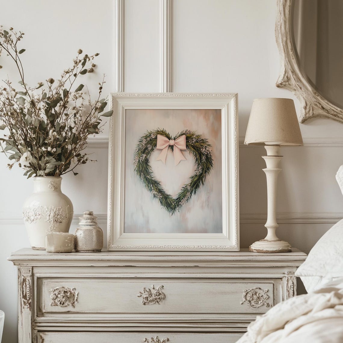 Heart Shaped Greenery Wreath with Blush Pink Bow Romantic Wall Art - Image 4