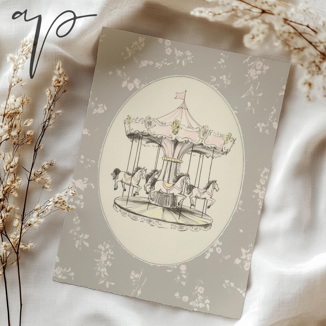 Vintage Carousel Horses Oval Medallion Pink Nursery Art Poster - Image 4