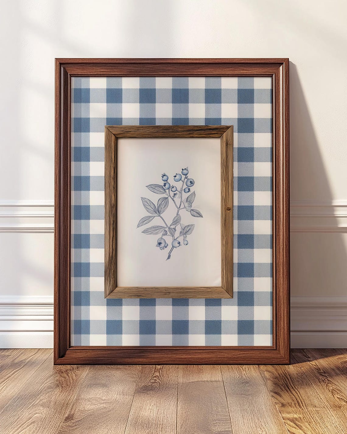 Blue Gingham Blueberry Botanical Framed Art Farmhouse Style Poster