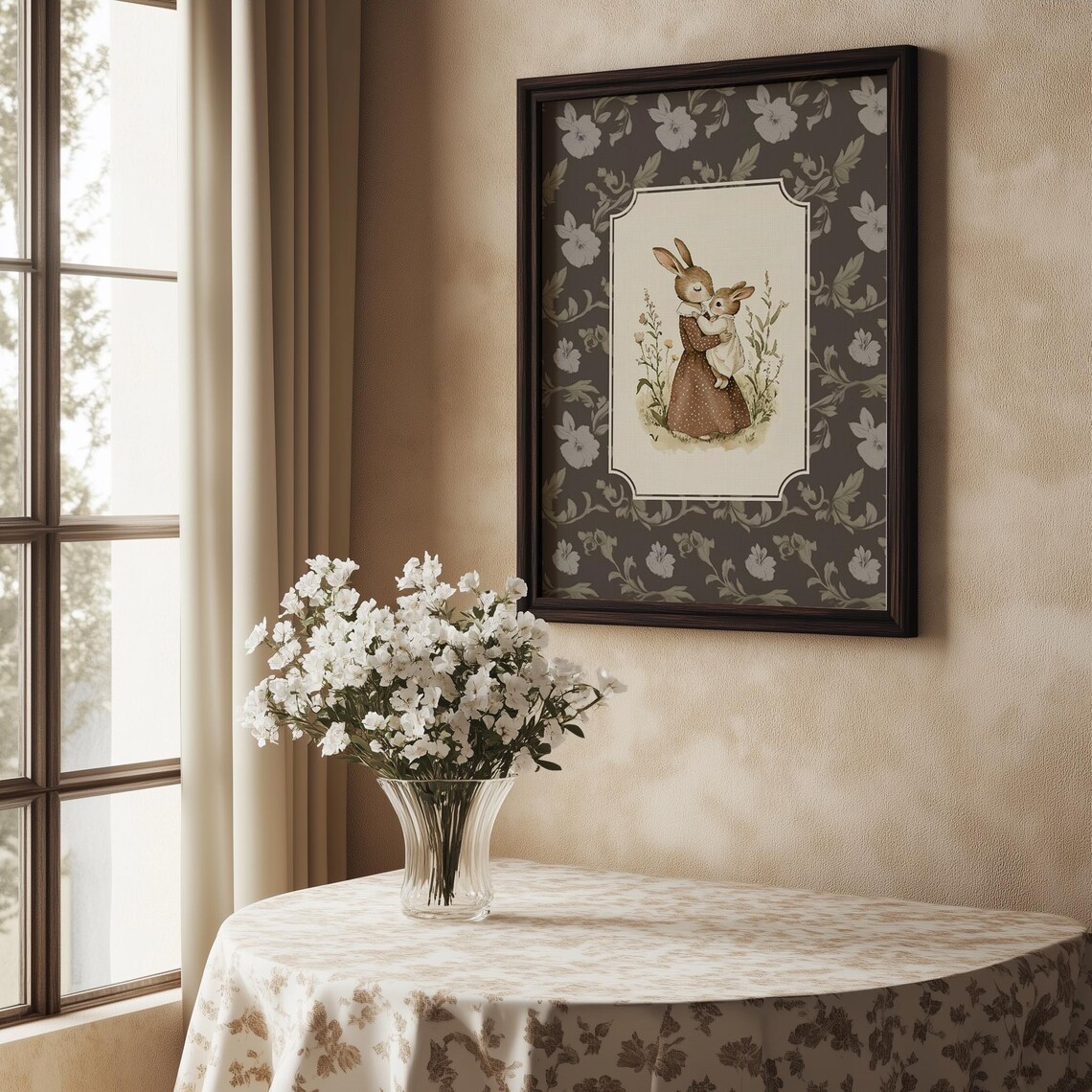 Mother Rabbit Holding Baby Bunny Vintage Nursery Floral Poster - Image 4