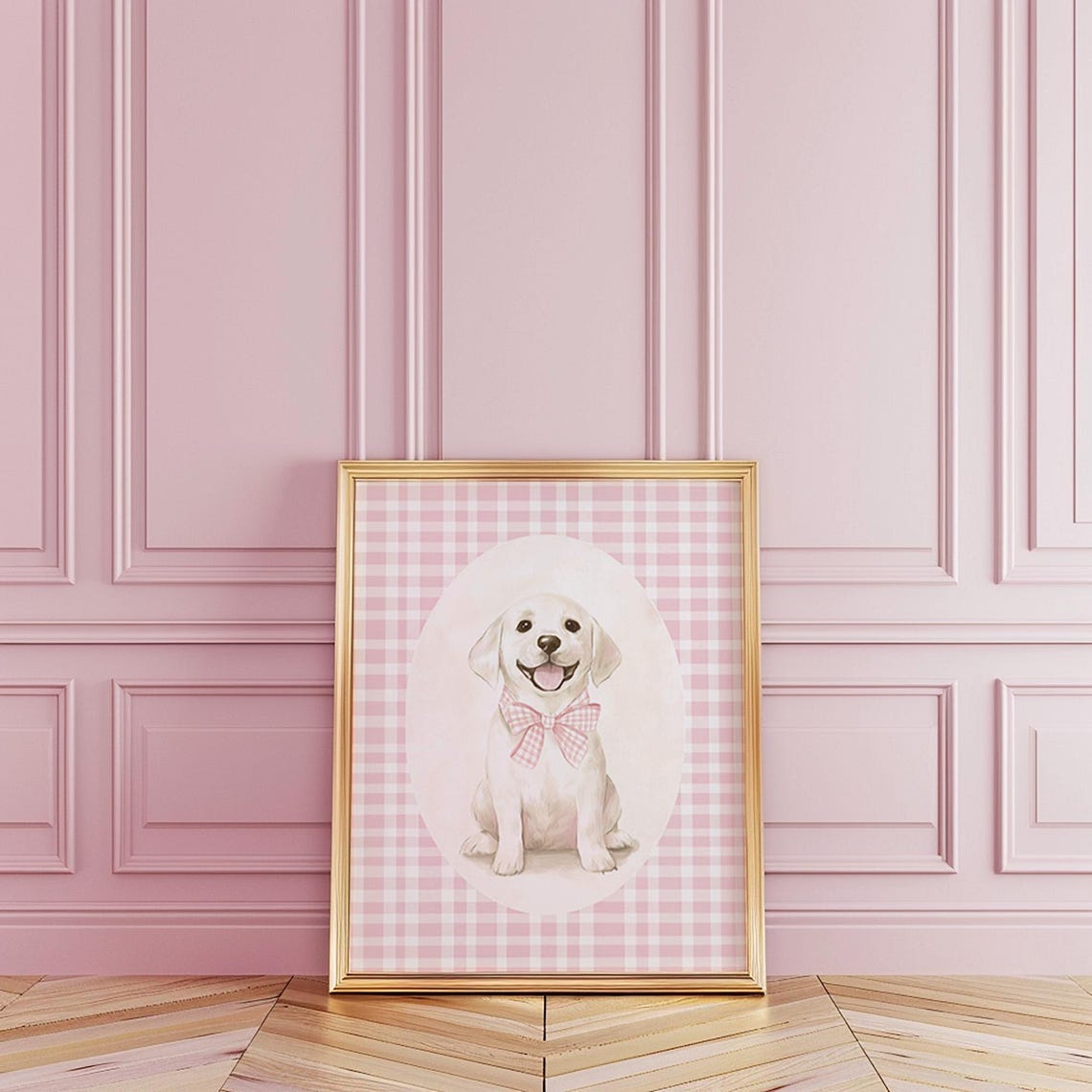 Smiling Puppy Pink Gingham Bow Oval Cameo Nursery Art Poster - Image 3