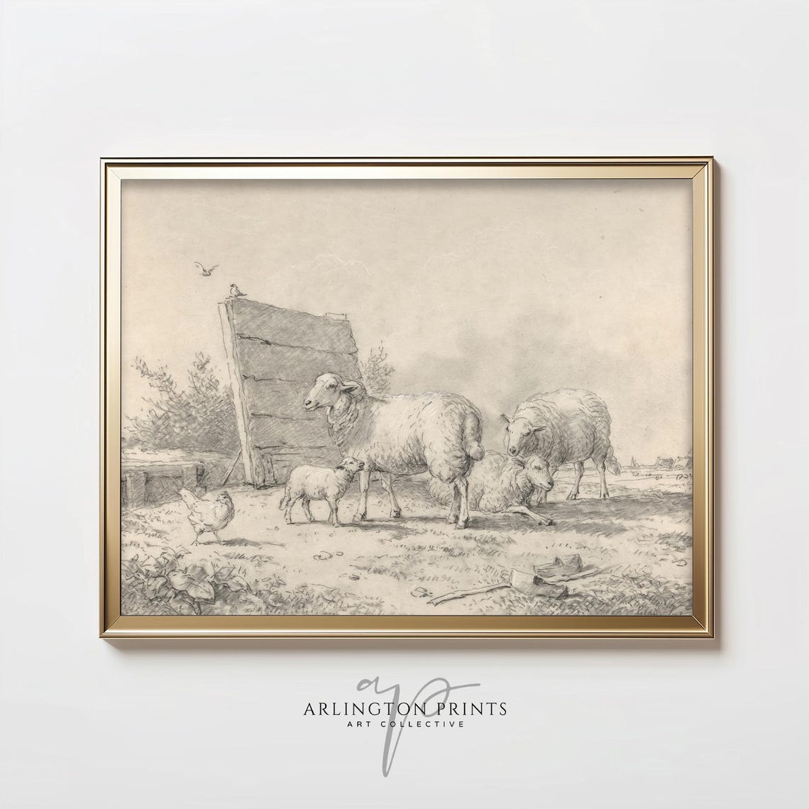Antique Sheep and Lamb Sketch Farmyard Pencil Drawing Poster