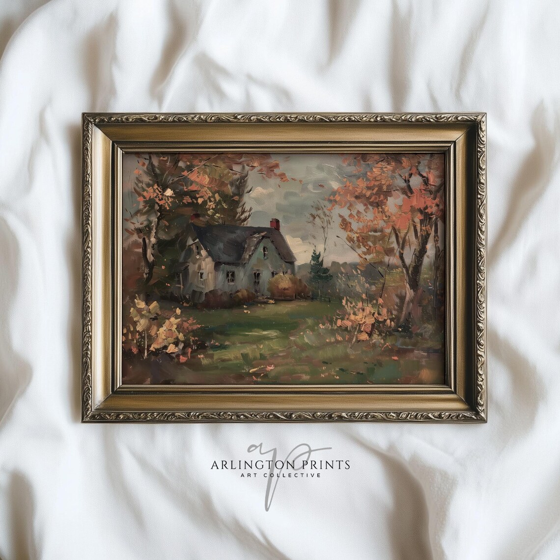 Vintage Autumn Cottage Landscape Art Print