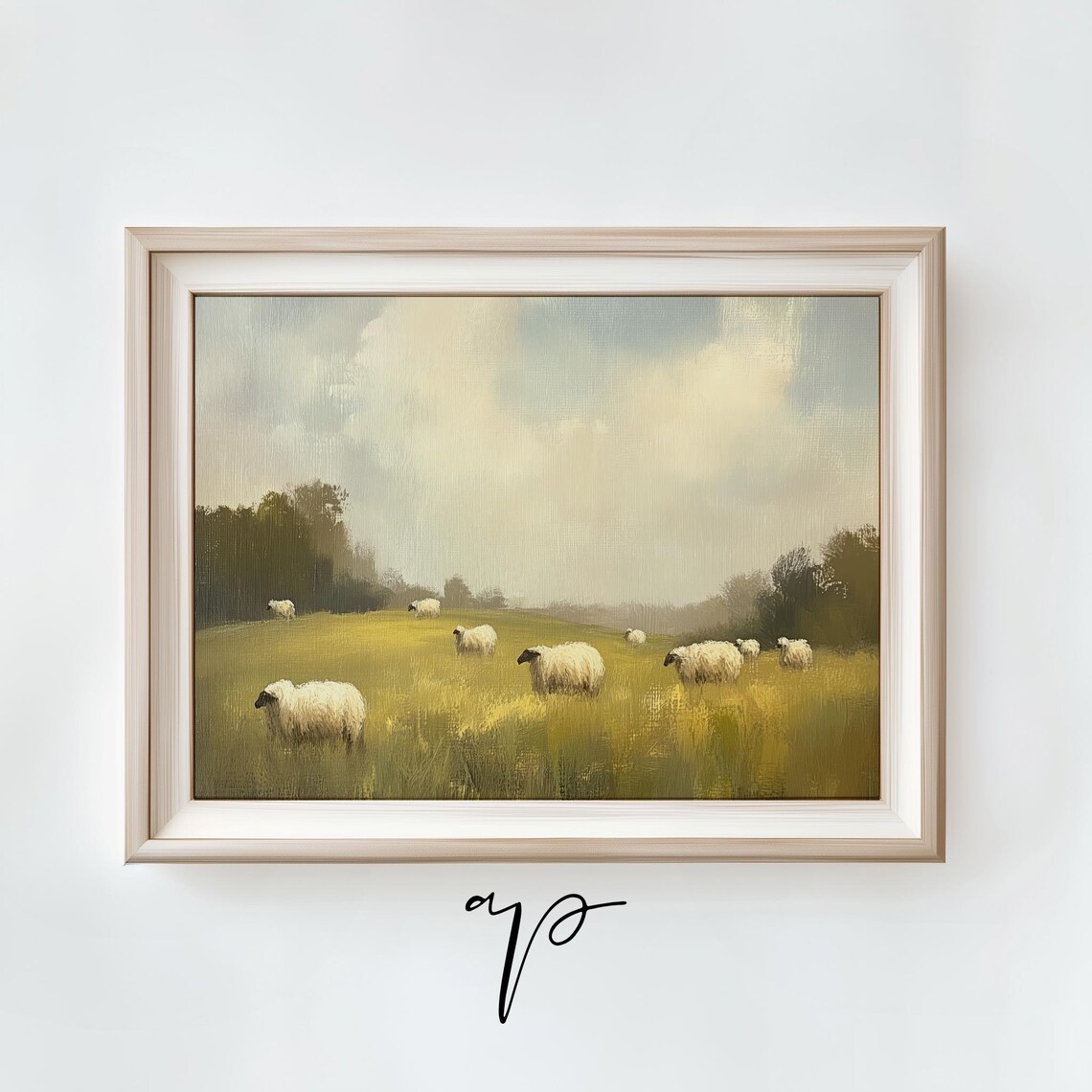 Sheep Grazing in Golden Meadow Soft Pastoral Landscape Oil Print