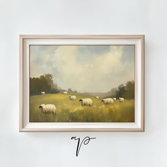 Sheep Grazing in Golden Meadow Soft Pastoral Landscape Oil Print