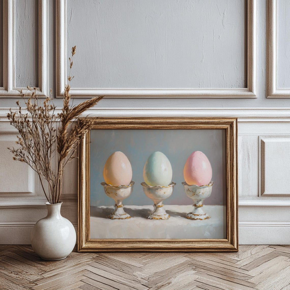 Three Soft Pastel Easter Eggs Vintage Egg Cups Spring Art Print - Image 2