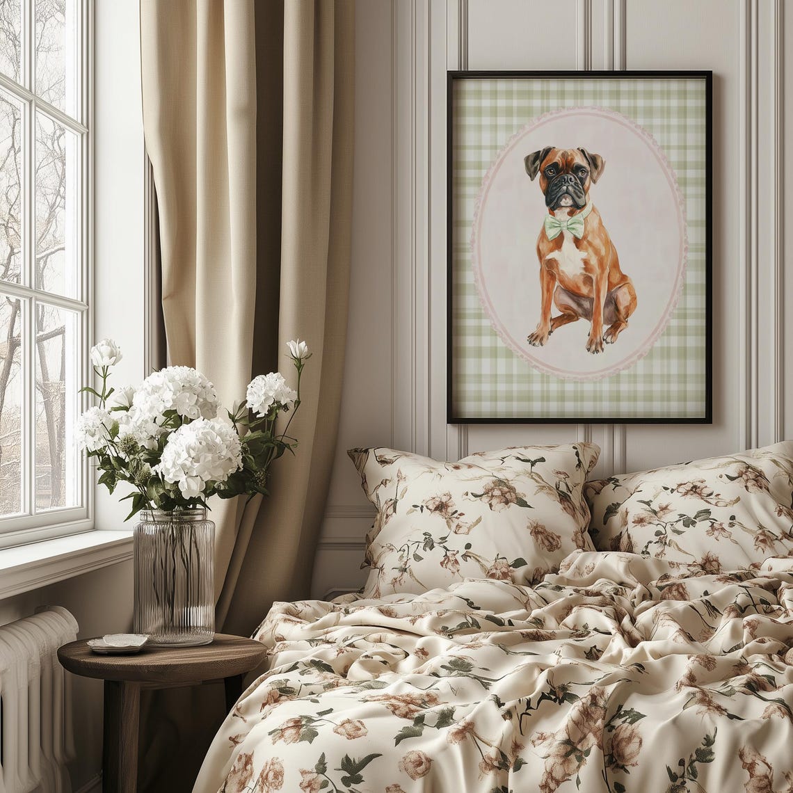 Boxer Dog with Mint Green Bow Tie Gingham Puppy Nursery Decor Poster - Image 4