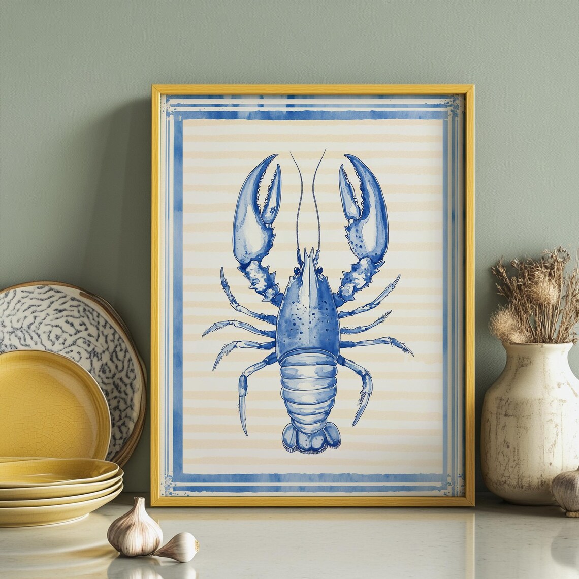 Blue Lobster Watercolor Sea Life Striped Nautical Coastal Poster - Image 2