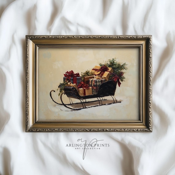 Vintage Christmas Sleigh With Plaid Gifts and Red Bows Holiday Poster