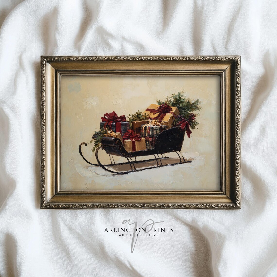 Vintage Christmas Sleigh With Plaid Gifts and Red Bows Holiday Poster