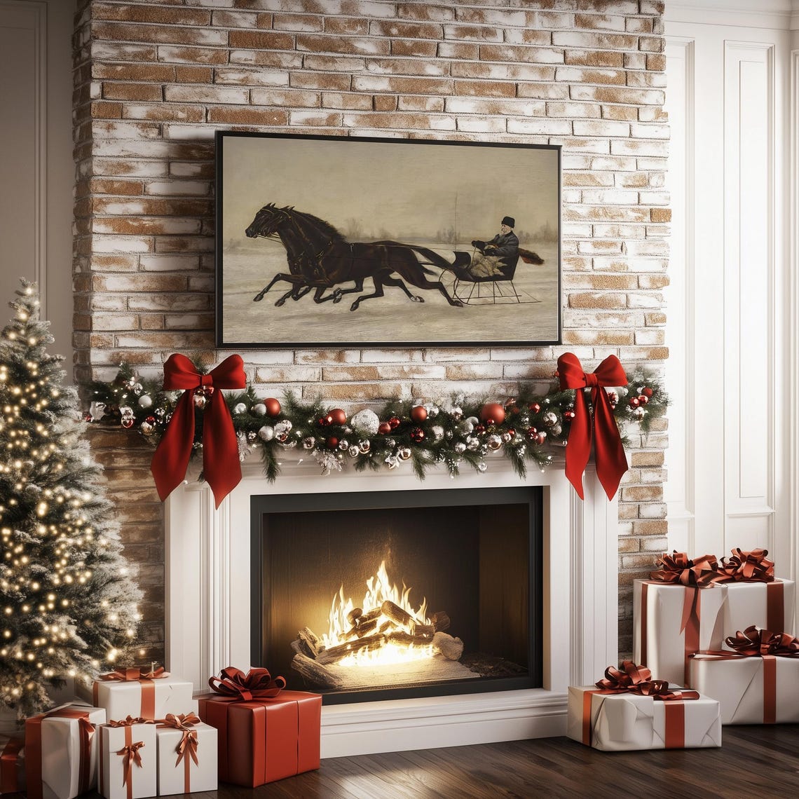 Winter Frame Tv Art Rustic Horse Sleigh Painting Vintage Neutral Christmas Frame Tv Art Vintage Oil Painting Winter Screensaver - Image 3