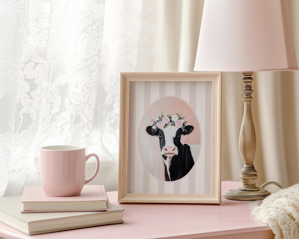 Cow with Flower Crown Pink Stripes Whimsical Nursery Decor Poster - Image 3