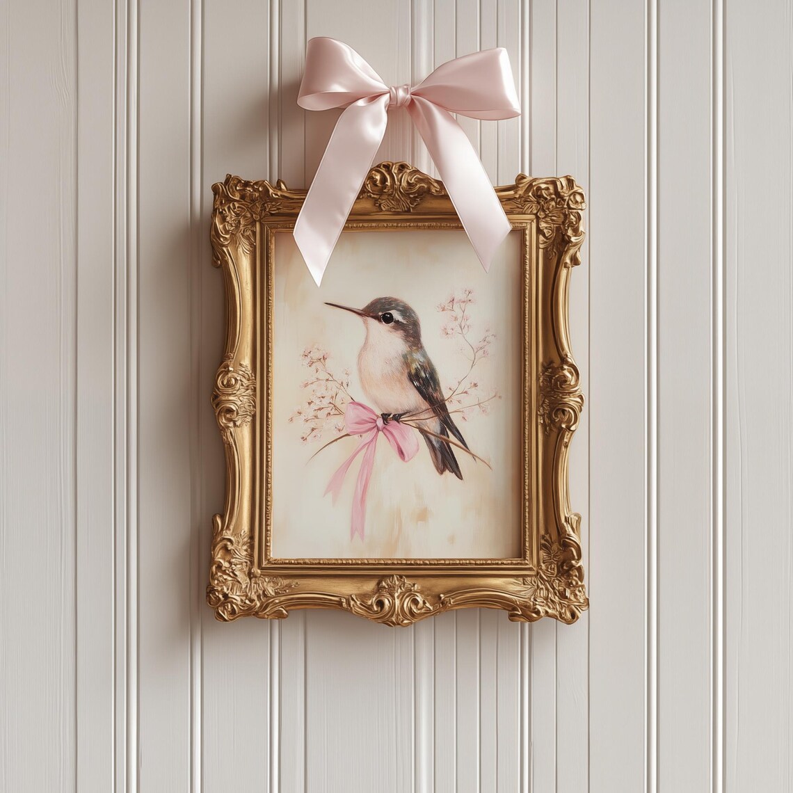 Hummingbird Pink Bow Blossom Branch Vintage Spring Art Poster - Image 2