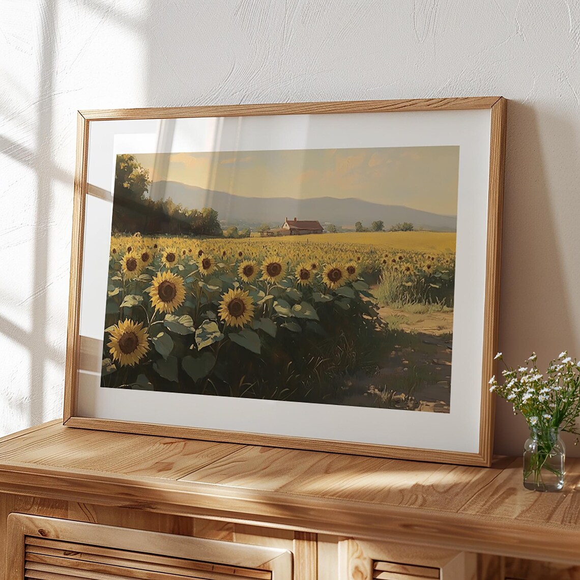 Sunflower Field at Golden Hour with Farmhouse Moody Landscape Print - Image 4
