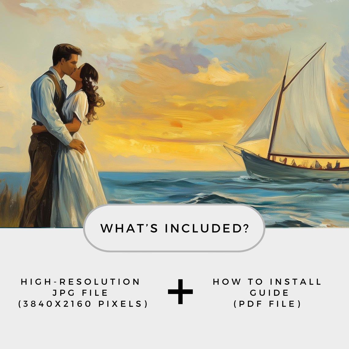 Romantic Sunset Beach Kiss with Sailboat Frame TV Digital Art Poster - Image 3