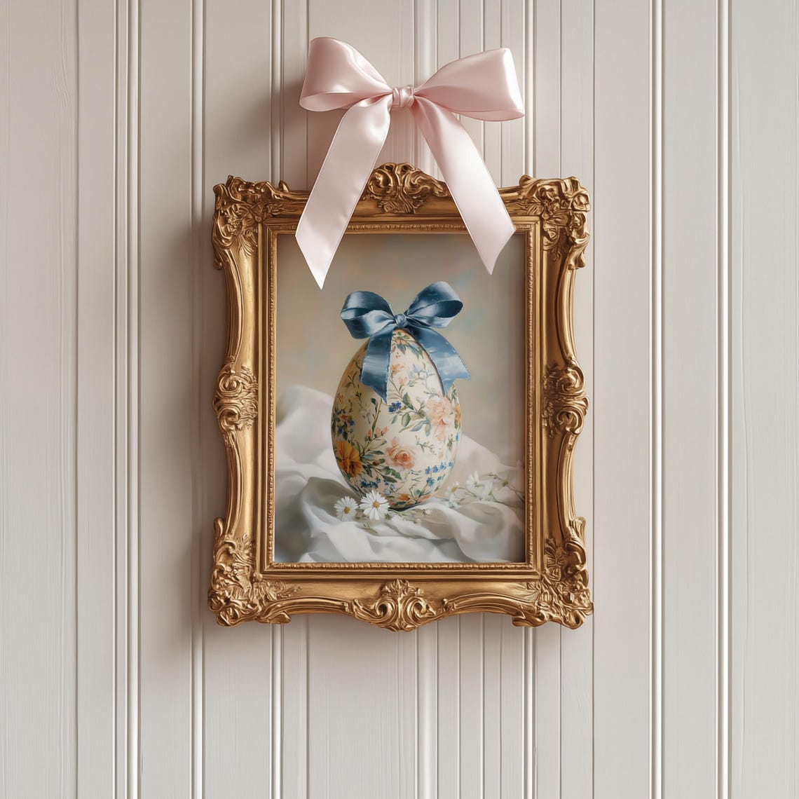 Floral Easter Egg with Blue Satin Bow on White Silk Still Life Poster - Image 4