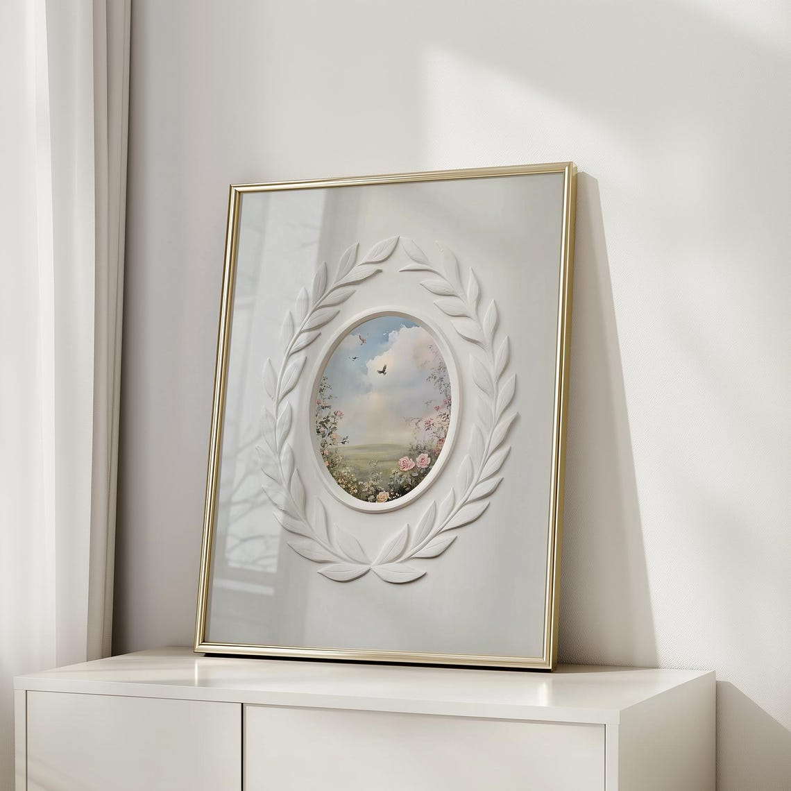 Oval Pastoral Landscape Cameo with Laurel Wreath Floral Relief Poster - Image 4