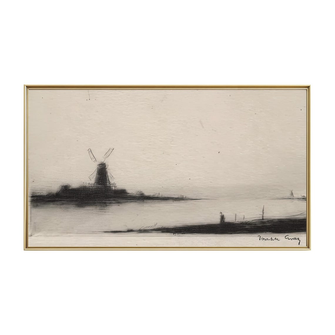 Windmill Waterside Minimalist Ink Sketch Landscape Art Poster