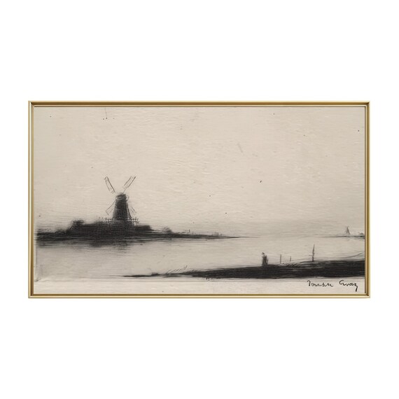 Windmill Waterside Minimalist Ink Sketch Landscape Art Poster