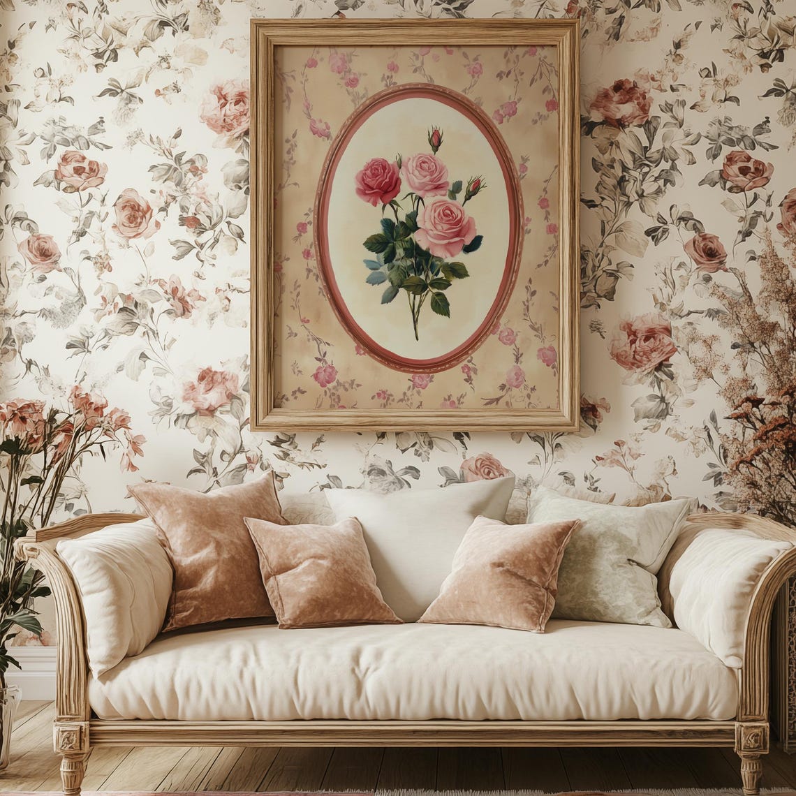 Blush Pink Roses Cameo Oval Frame Antique Floral Wallpaper Print - Image 2