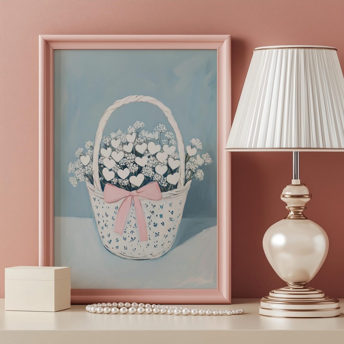 Flower Basket With Baby Breath White Hearts Pink Bow Spring Poster - Image 4