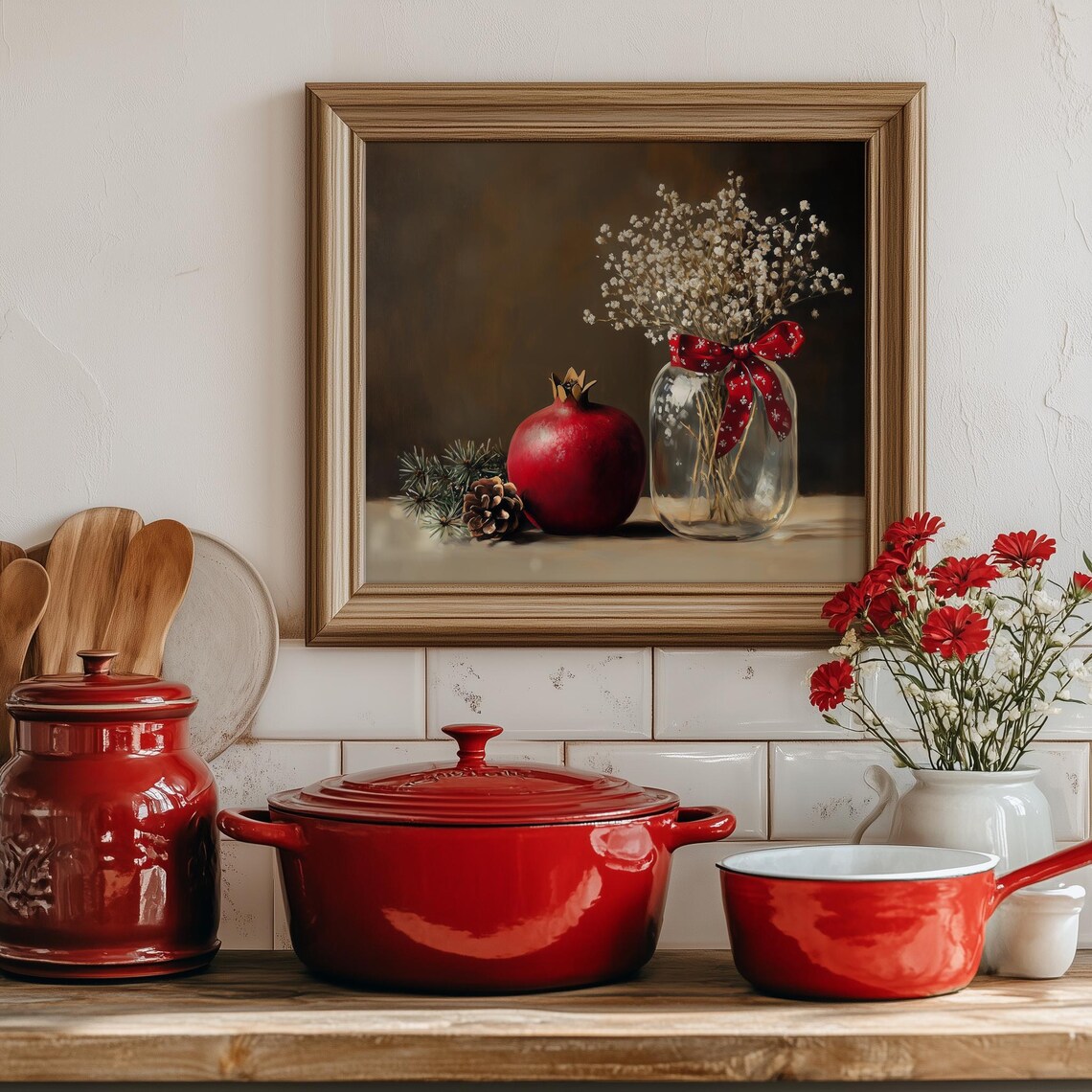 Red Pomegranate Baby Breath Still Life Vintage Holiday Wall Print - Image 4
