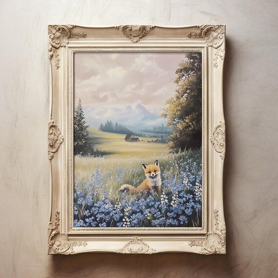 Cute Baby Fox In Blue Wildflowers Mountain Meadow Cabin Poster