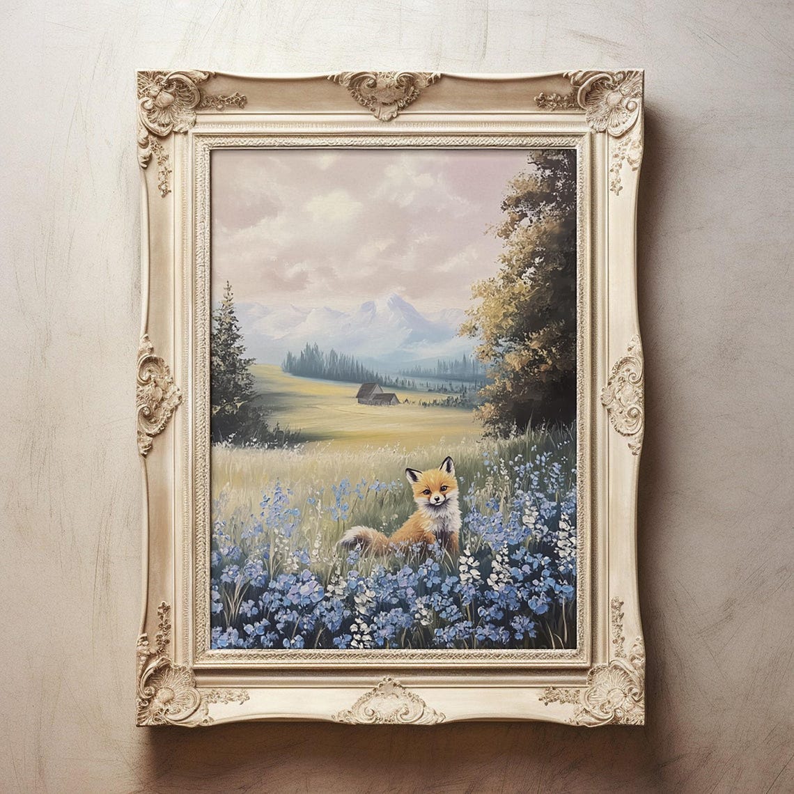 Cute Baby Fox In Blue Wildflowers Mountain Meadow Cabin Poster