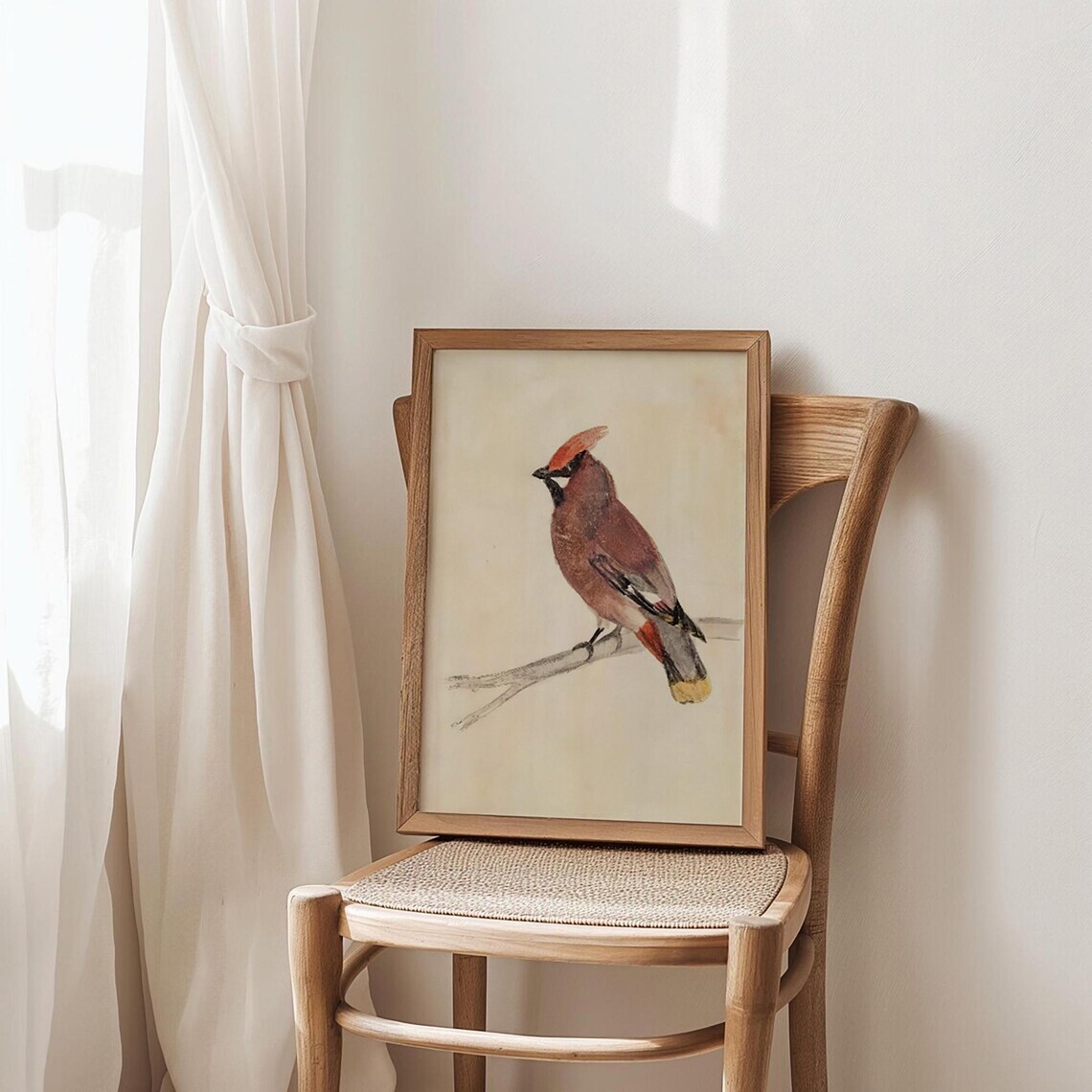 Red Crested Songbird on Bare Branch Neutral Watercolor Art Poster - Image 3