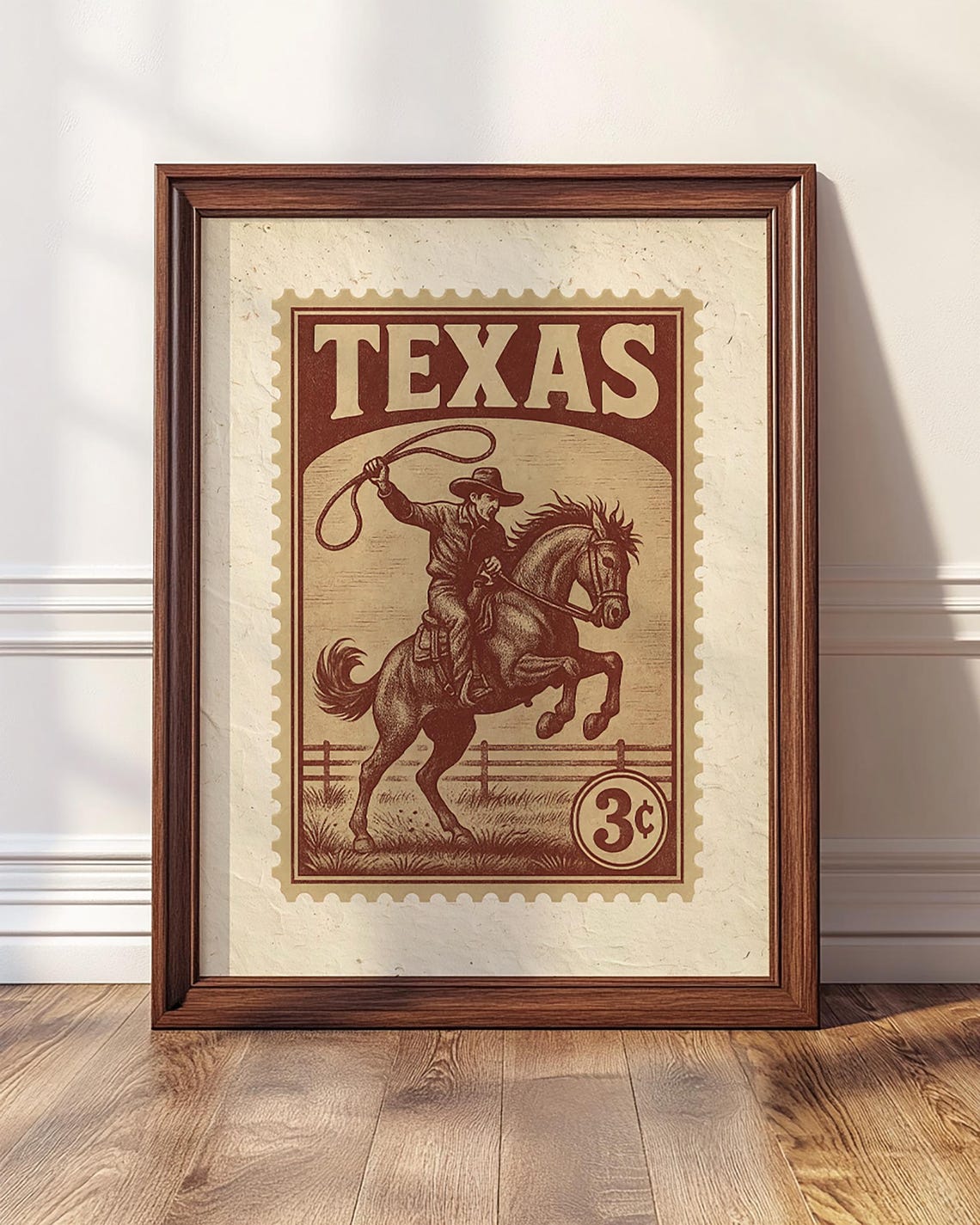 Texas Cowboy 3 Cent Stamp Vintage Western Rodeo Decor Poster