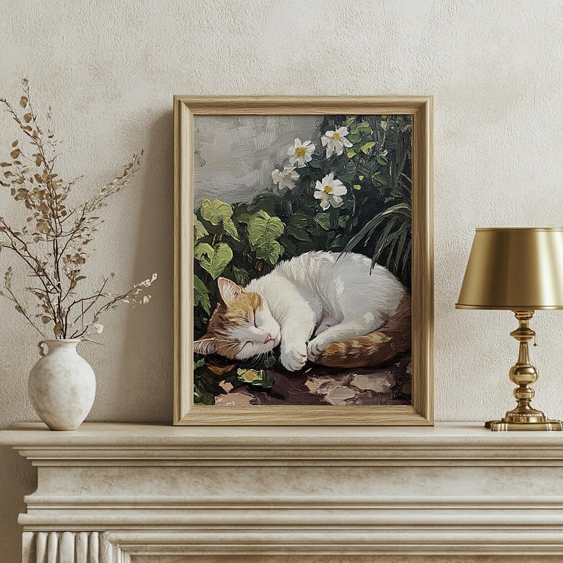 Sleeping Orange White Cat Among Flowers Oil Painting Garden Decor Poster - Image 3
