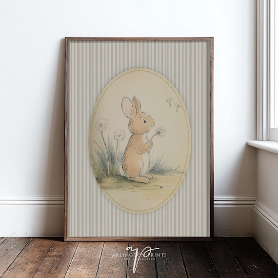 Vintage Bunny Blowing Dandelion Seeds Nursery Baby Room Wall Art