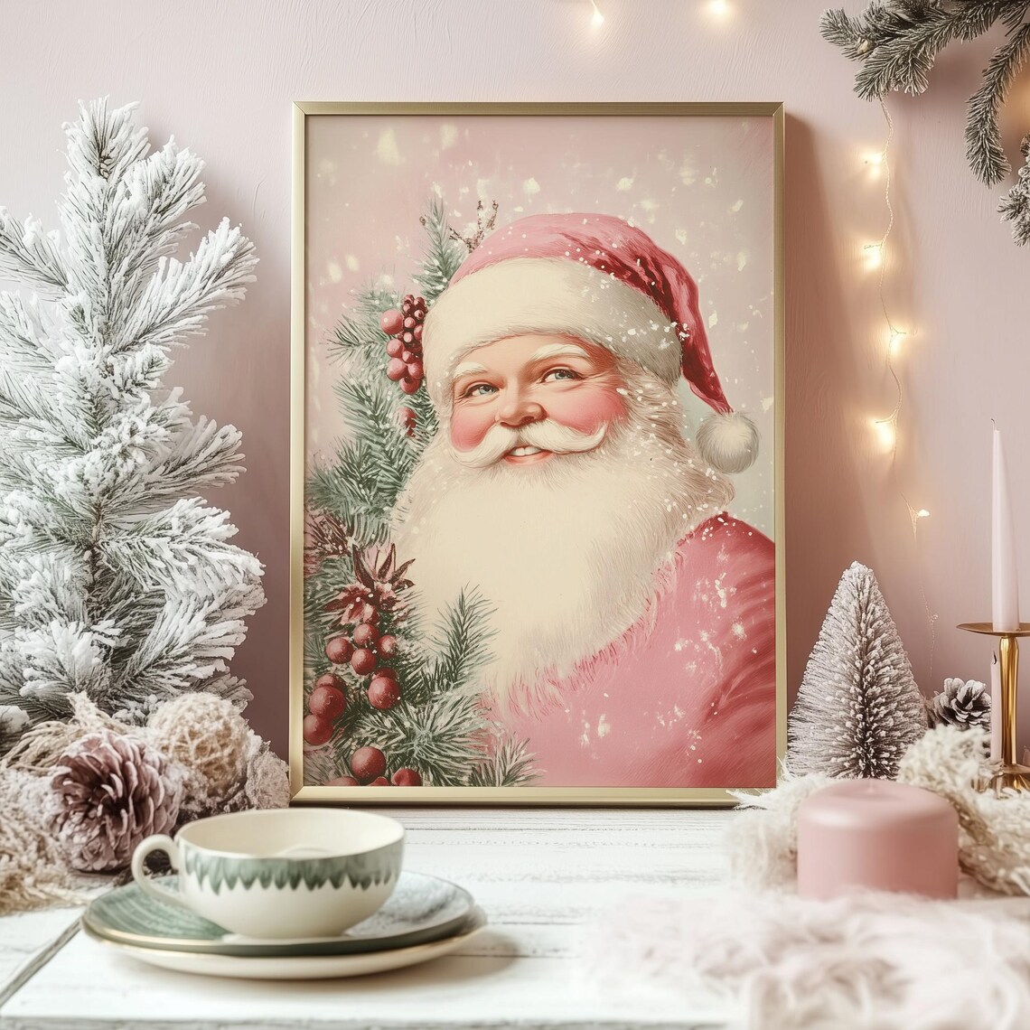 Vintage Pink Santa Claus Wall Art Retro Classic Santa Poster Girly Christmas Print Seasonal Holiday Decor Pink Christmas Art - Image 3