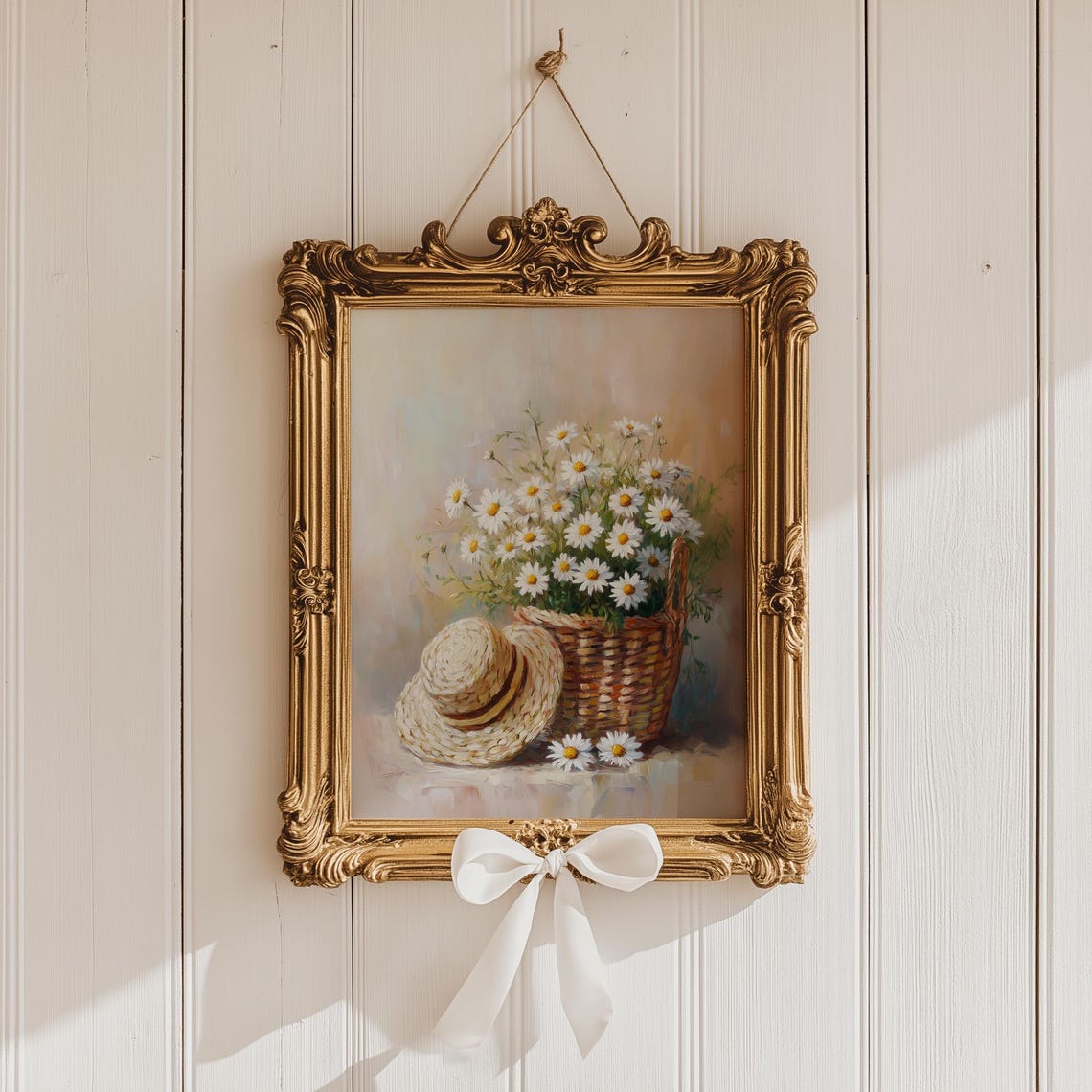 Daisy Basket Straw Hat Still Life Oil Painting Floral Art Print - Image 4
