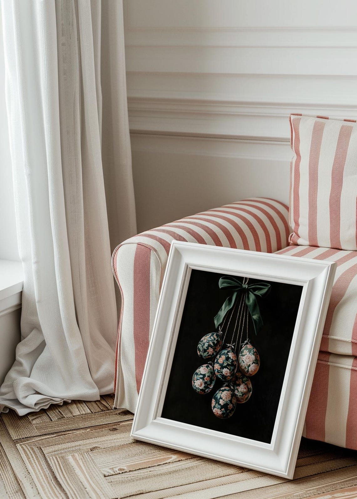 Moody Vintage Floral Easter Eggs Hanging From Green Bow Poster - Image 2
