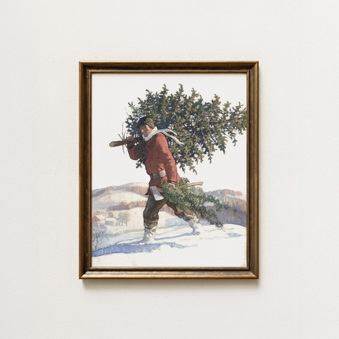 Vintage Man Carrying Christmas Tree Snowy Winter Painting Poster
