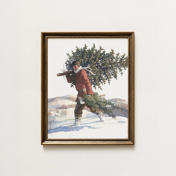 Vintage Man Carrying Christmas Tree Snowy Winter Painting Poster