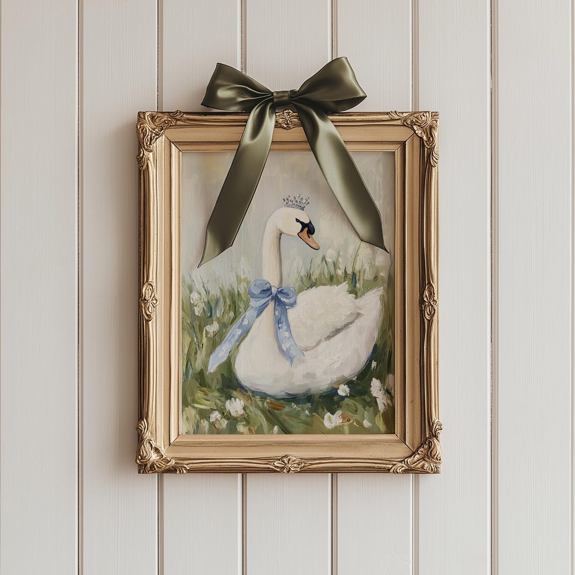 Elegant Swan Princess Wearing Crown Blue Bow Meadow Art Poster - Image 2