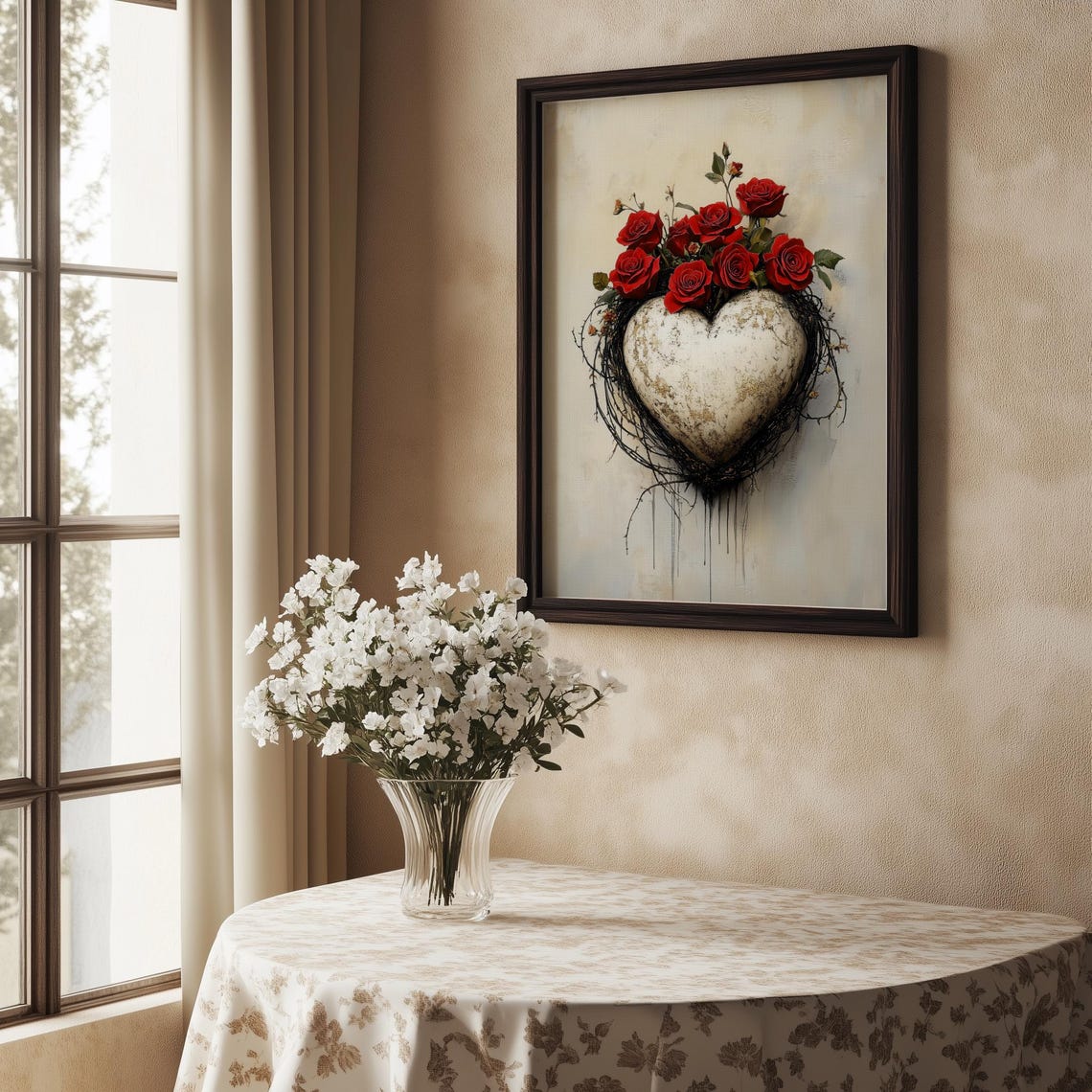 Stone Heart with Red Roses Romantic Valentine Floral Art Poster - Image 3
