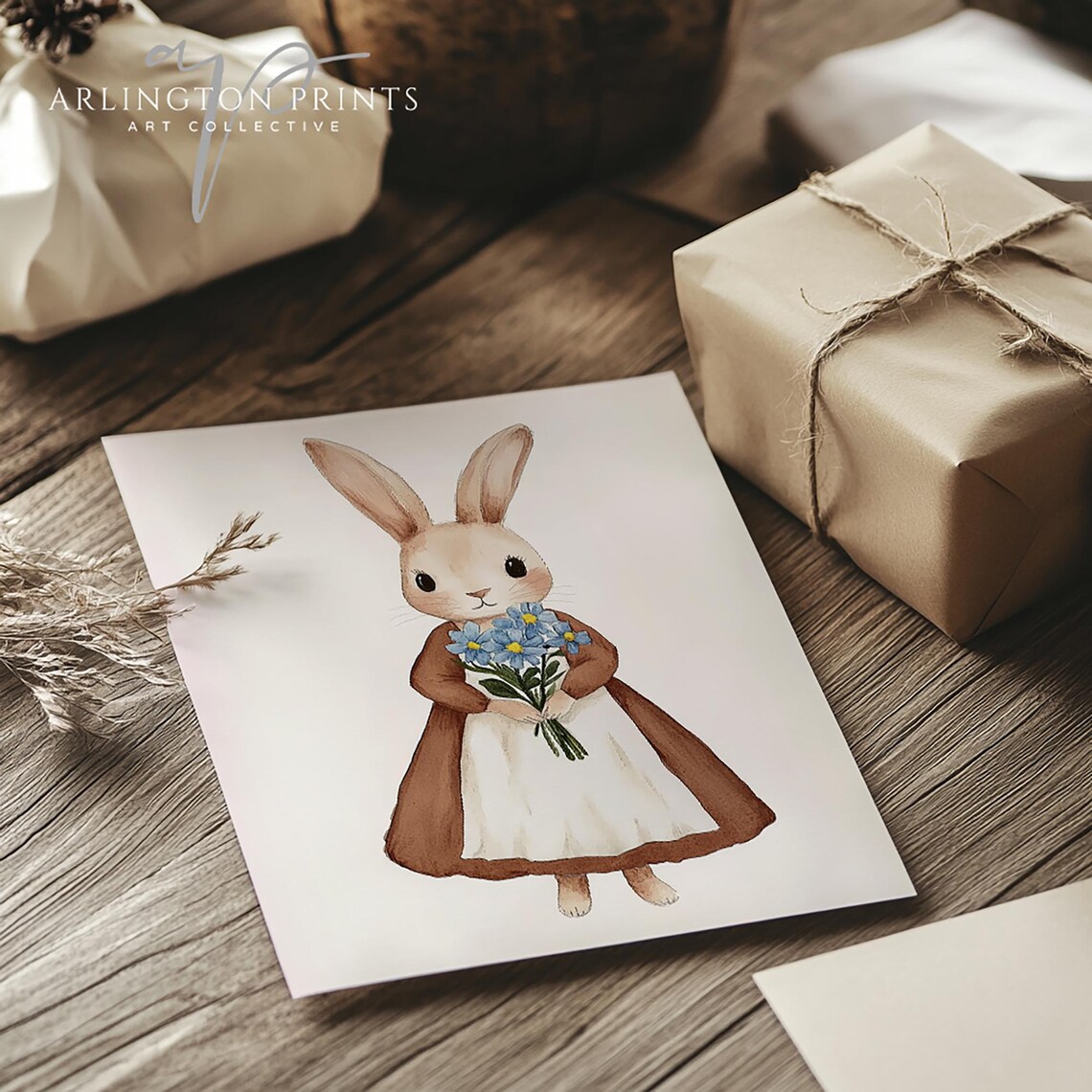 Cute Bunny in Dress Holding Blue Flowers Watercolor Nursery Art Poster - Image 4